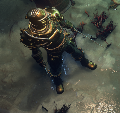 Saxon, the Azadin Seadog, a Mysterious Diver mercenary in an encounter.